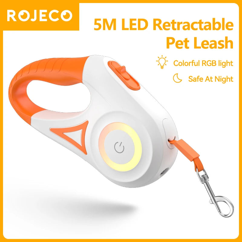 ROJECO 5M Guinzaglio automatico per cani Retrattile LED Luminoso Leading Cinghie luminose di moda per cuccioli di cane Pet Flexi Walking Running Piombo