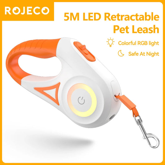 ROJECO 5M Guinzaglio automatico per cani Retrattile LED Luminoso Leading Cinghie luminose di moda per cuccioli di cane Pet Flexi Walking Running Piombo