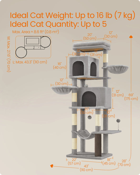 Feandrea albero per gatti grande, torre per gatti alta 175 cm, condominio per gatti multilivello con 2 cave, 2 cestini, 5 tiragraffi