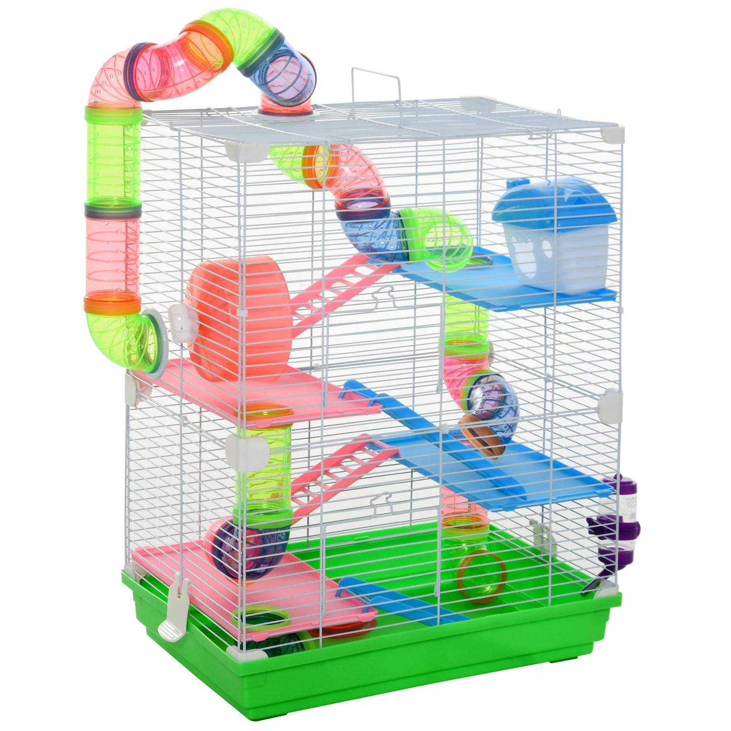 PawHut Nagerkäfig Hamsterkäfig 5 Etagen mit Tunneln Futternapf Laufrad Haus Leitern Maße 46L x 30B x 58H cm Grün