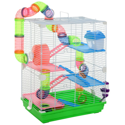 PawHut Nagerkäfig Hamsterkäfig 5 Etagen mit Tunneln Futternapf Laufrad Haus Leitern Maße 46L x 30B x 58H cm Grün