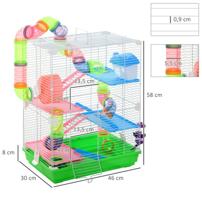 PawHut Nagerkäfig Hamsterkäfig 5 Etagen mit Tunneln Futternapf Laufrad Haus Leitern Maße 46L x 30B x 58H cm Grün