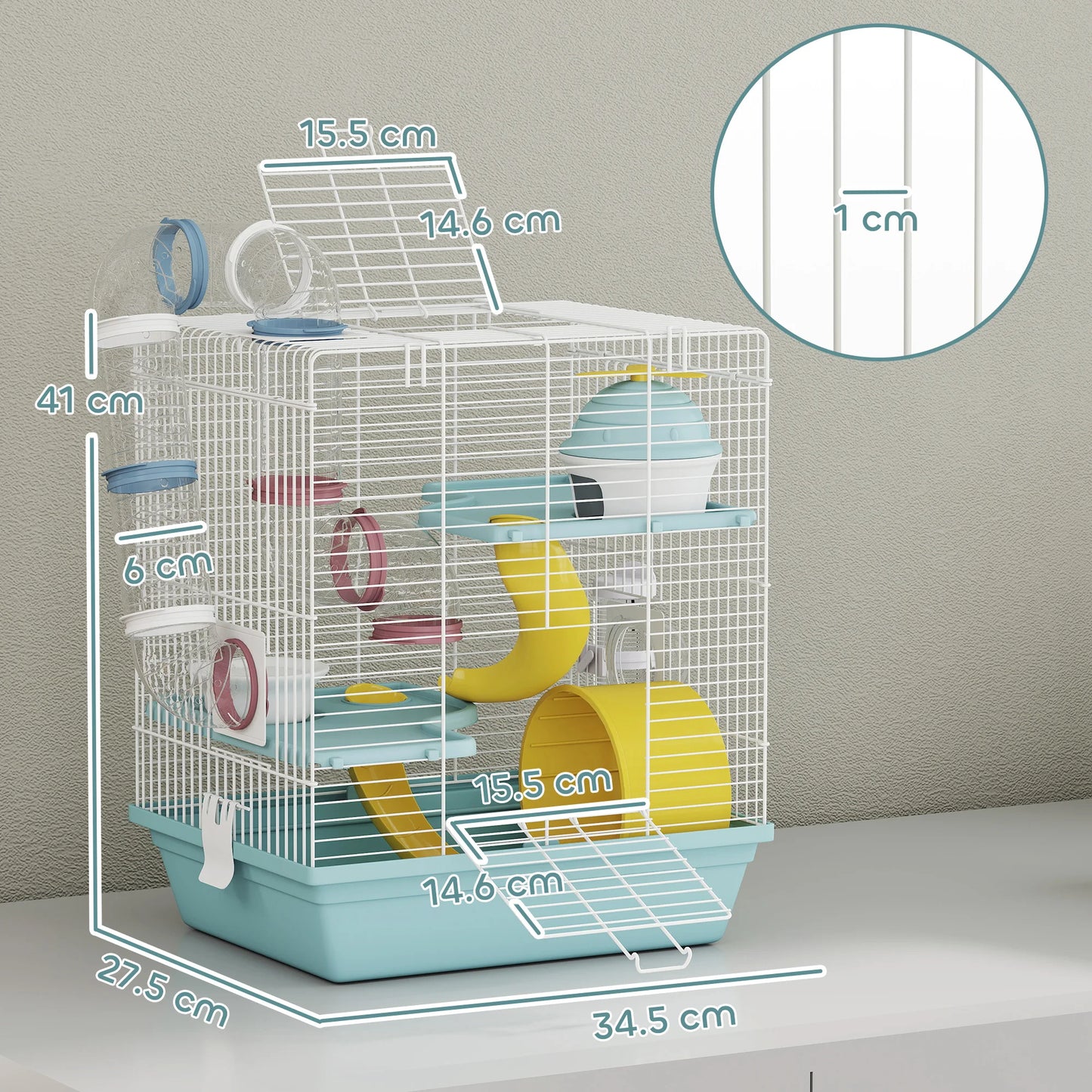 PawHut Hamsterkäfig mit 3 Etagen und 12 Röhren, mit Häuschen, Rampe, Futternäpfen, Wassertank und tropffreiem Tablett, Hamsterkäfig aus Metall und Kunststoff, 34,5x27,5x41 cm, Blau