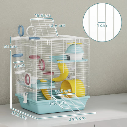 PawHut Hamsterkäfig mit 3 Etagen und 12 Röhren, mit Häuschen, Rampe, Futternäpfen, Wassertank und tropffreiem Tablett, Hamsterkäfig aus Metall und Kunststoff, 34,5x27,5x41 cm, Blau