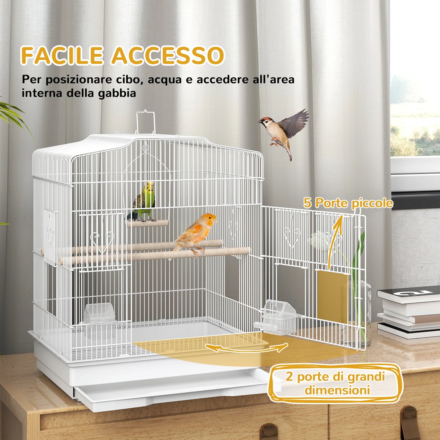 PawHut Gabbia per Uccelli Portatile con Maniglia, Vassoio Estraibile e 5 Porte, Voliera per Pappagallini con Posatoi in Legno, Altalena e Ciotole per Cibo, 46.5x36x59 cm, Bianco