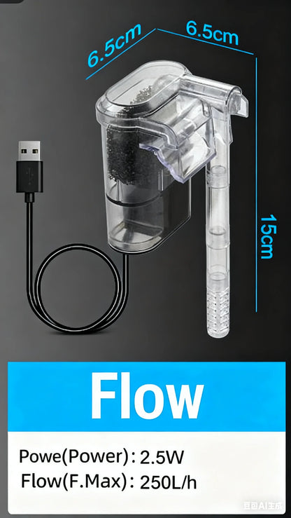Neuer Aquarienfilter, hängender Mini-Filter für Fischbecken, USB-Stromanschluss 2,5 W, Durchfluss 250 H/L, geeignet für Aquarien unter 30 cm