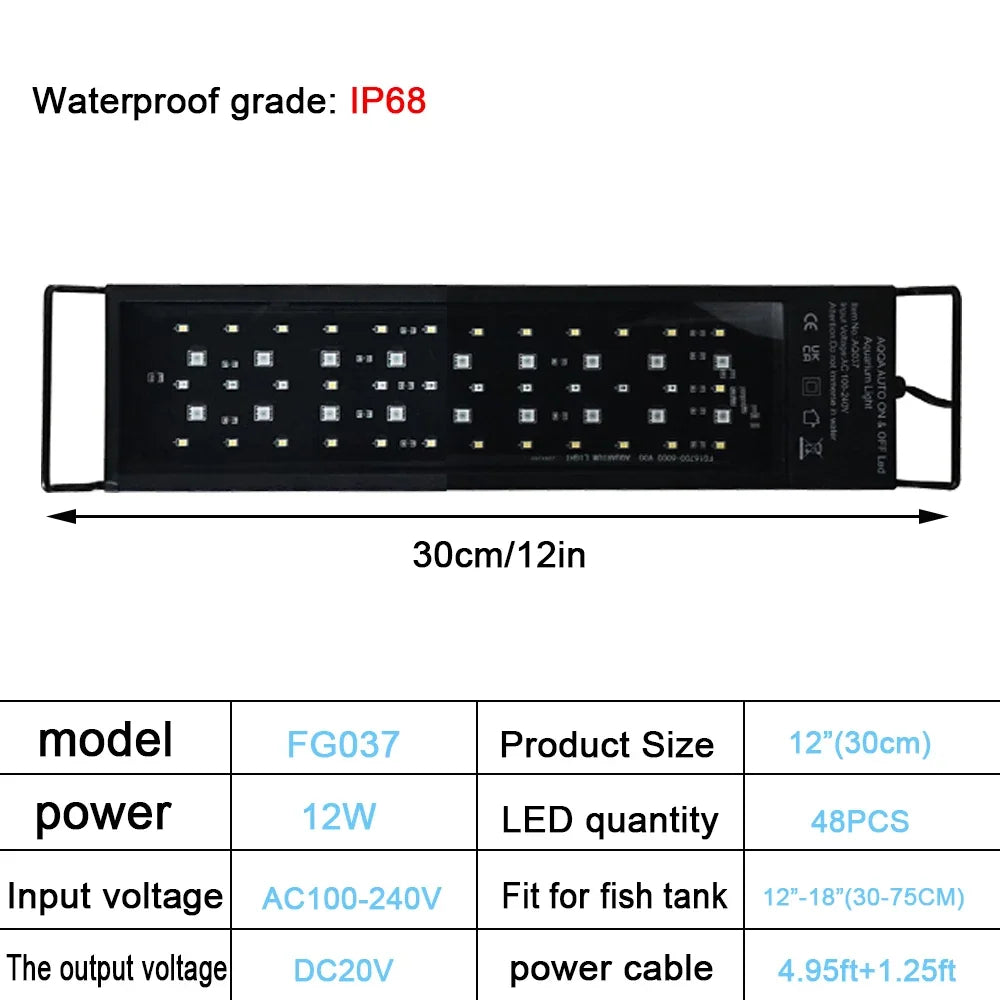 30-60 Zentimeter Aquarium 24/7 Vollspektrum LED-Beleuchtung Aquarium-Dekorationslampe für Wasserpflanzenwachstum IP68 Wasserdicht 100 V-240 V