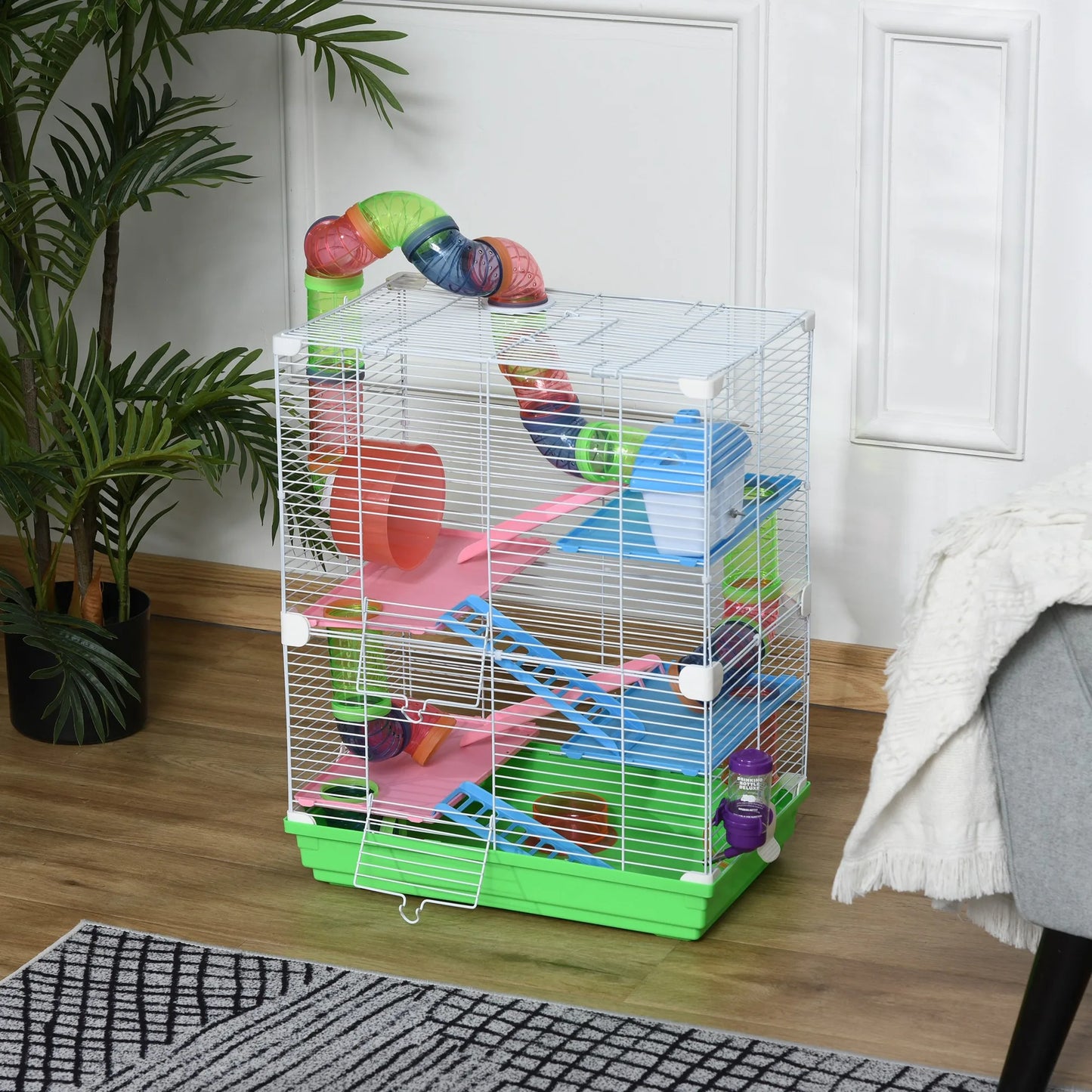 PawHut Nagerkäfig Hamsterkäfig 5 Etagen mit Tunneln Futternapf Laufrad Haus Leitern Maße 46L x 30B x 58H cm Grün