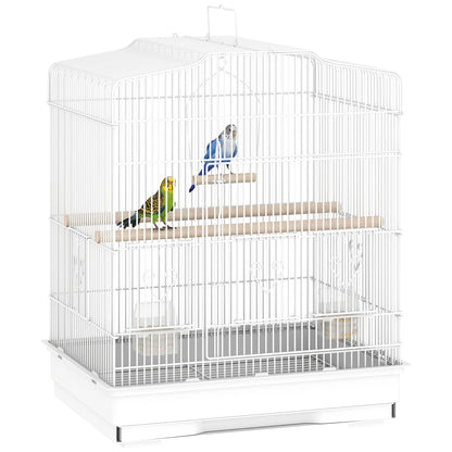 PawHut Transportkäfig für Vögel mit Tragegriff, herausziehbarer Bodenwanne und 5 Türen, Vogelkäfig mit Holzstangen, Schaukel und Futternäpfen, 46,5x36x59 cm, Weiß