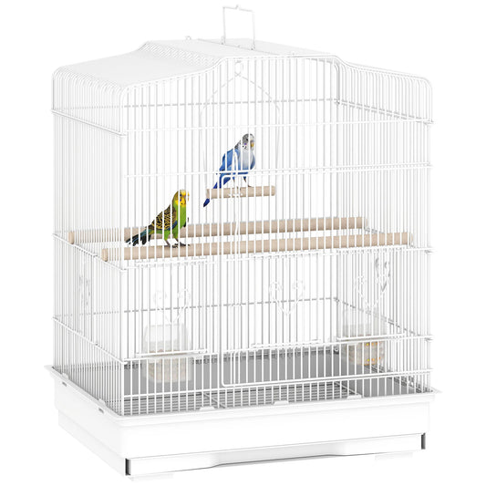 PawHut Portable Bird Cage with Handle, Extractable Tray and 5 Doors, Bird's Greet with Wooden Perches, Swings and Food Bowls, 46.5x36x59 cm, White