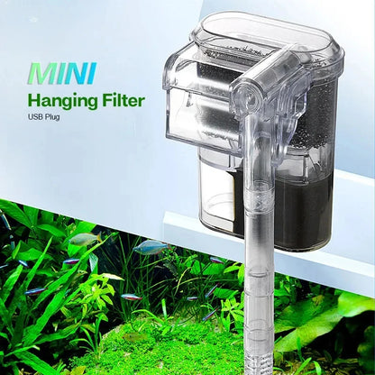 Neuer Aquarienfilter, hängender Mini-Filter für Fischbecken, USB-Stromanschluss 2,5 W, Durchfluss 250 H/L, geeignet für Aquarien unter 30 cm
