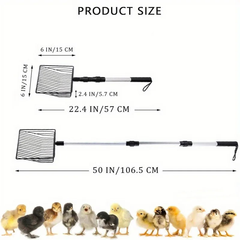 Paletta per lettiera per gatti estensibile Pala per setacciatura per pollaio Manico lungo Accessori in metallo Strumenti per la separazione di cacca e detriti da giardino