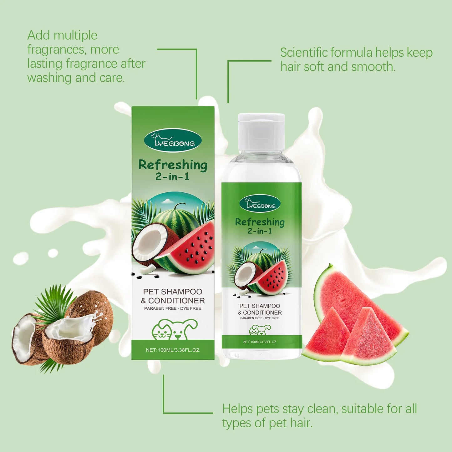 YEGBONG 2-in-1 Erfrischendes Shampoo und Spülung für Haustiere, Juckreiz stillend, feuchtigkeitsspendend, schmutzentfernend, Geruchsbalsam, Duschgel für Hunde