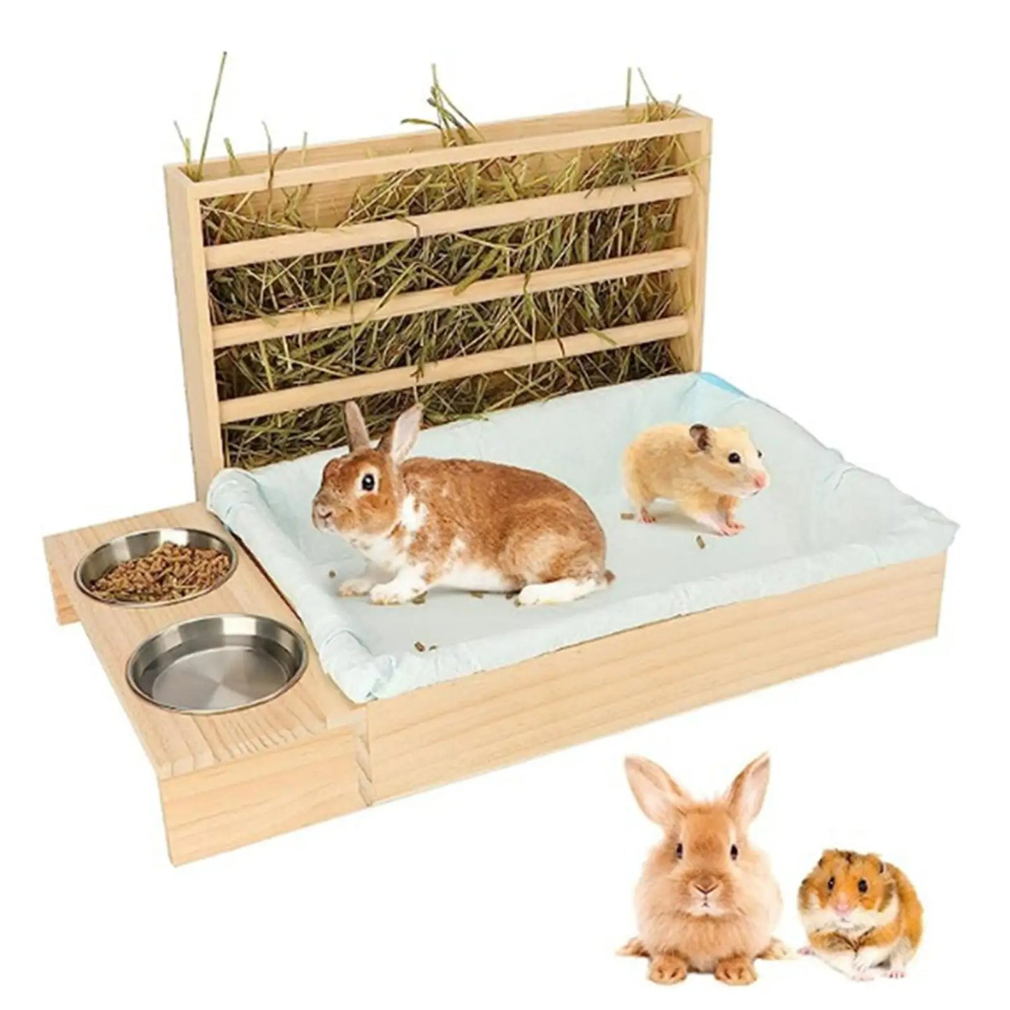 Hasenfutterspender Heu Manger Futtertrog aus Holz mit Kotwanne Futterschalen Wassernapf für Kaninchen Hamster Kleintiere