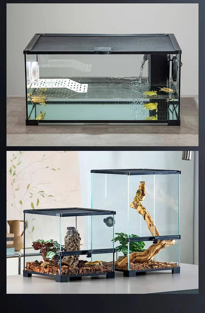 Professionelles Glas-Terrarium für Reptilien, geeignet für Chamäleons, Echsen und Schlangen, ideal für Hornfrösche und Wasserschildkröten, mit transparenter Belüftung.