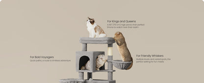 Feandrea albero per gatti grande, torre per gatti alta 175 cm, condominio per gatti multilivello con 2 cave, 2 cestini, 5 tiragraffi